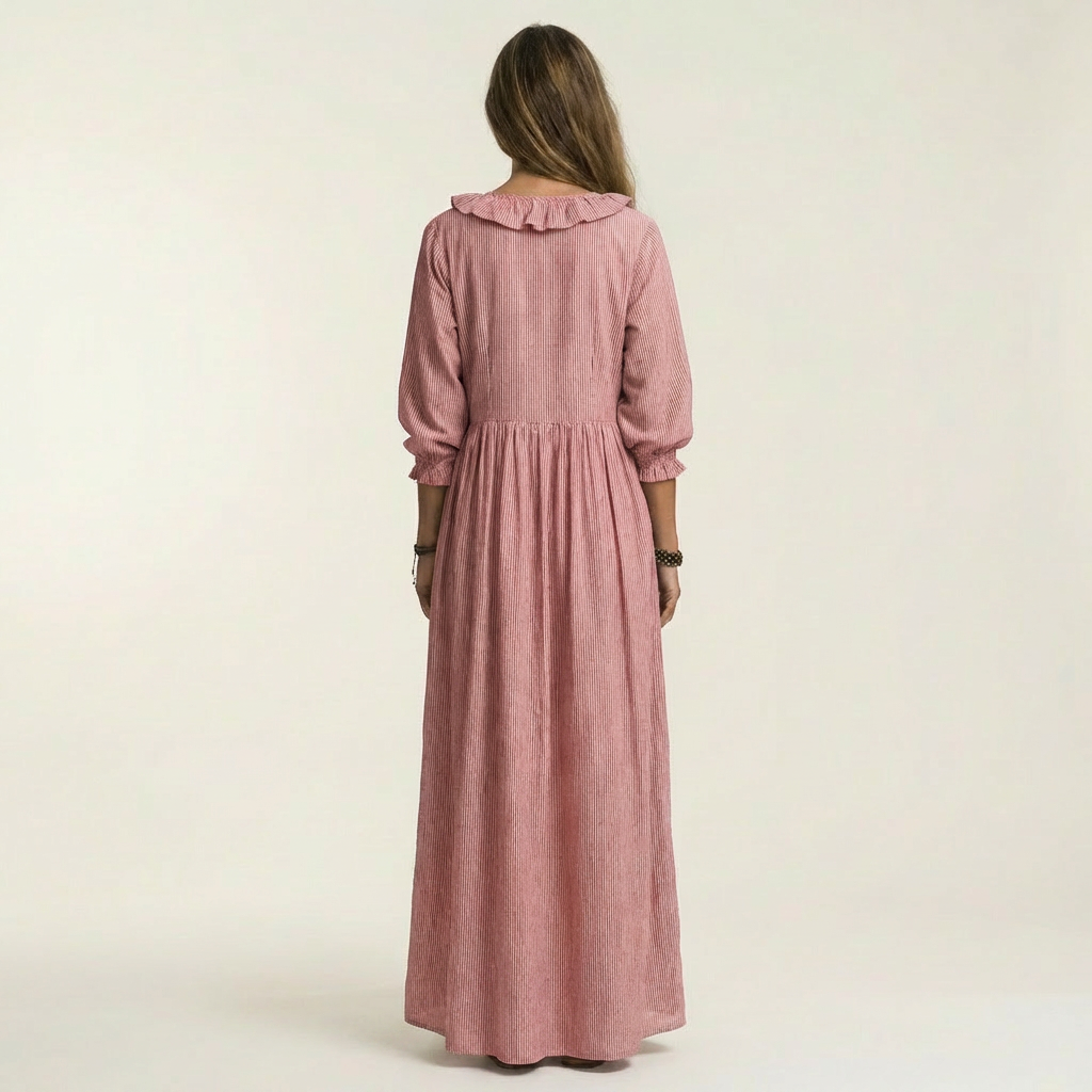 Yosetta | Vestido largo de rayas con escote en V de volantes y mangas farol