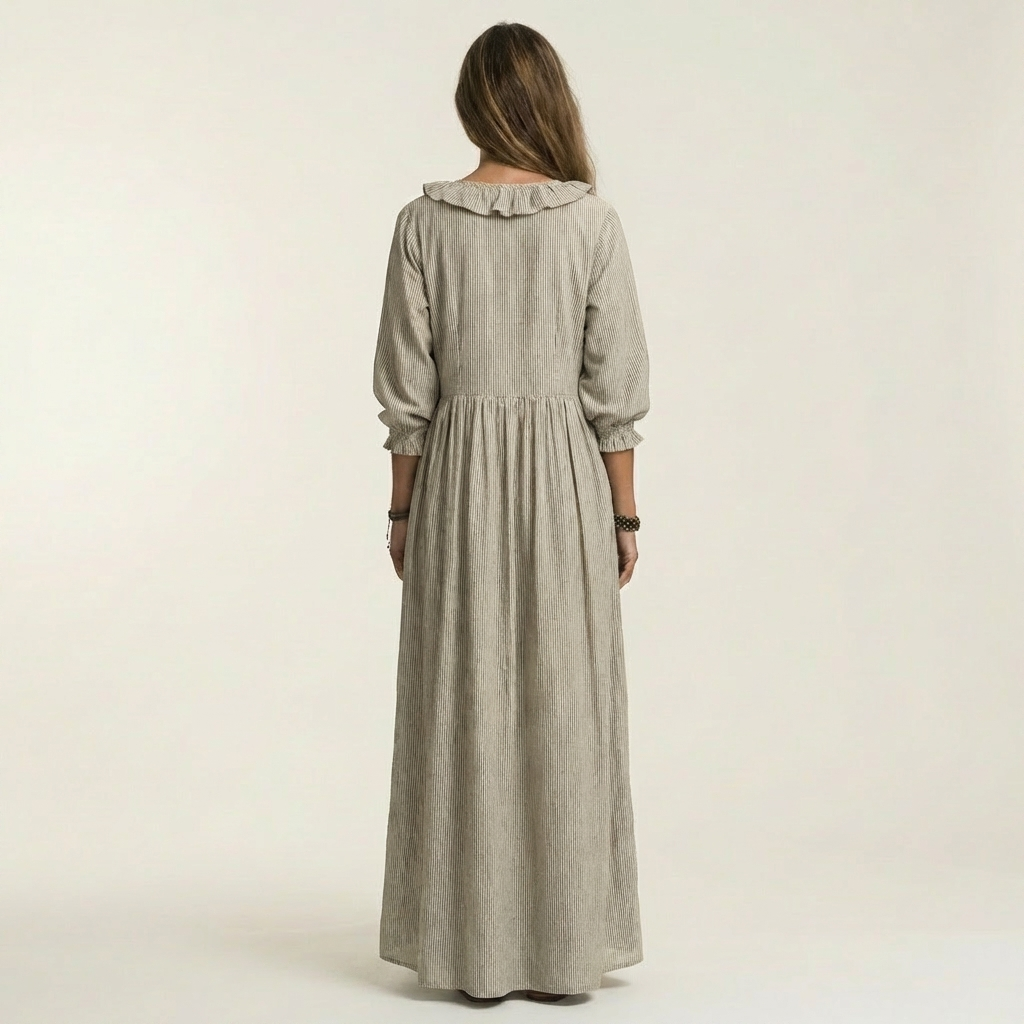 Yosetta | Vestido largo de rayas con escote en V de volantes y mangas farol
