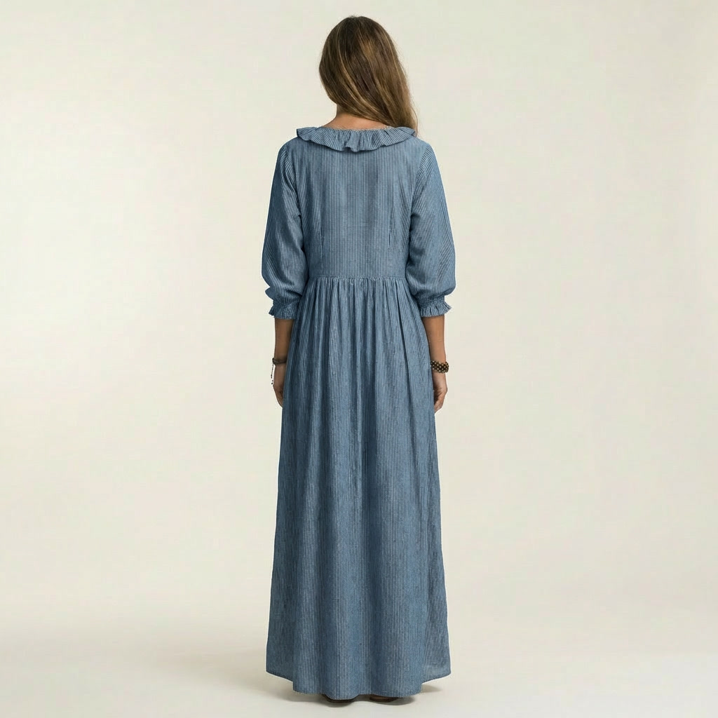 Yosetta | Vestido largo de rayas con escote en V de volantes y mangas farol
