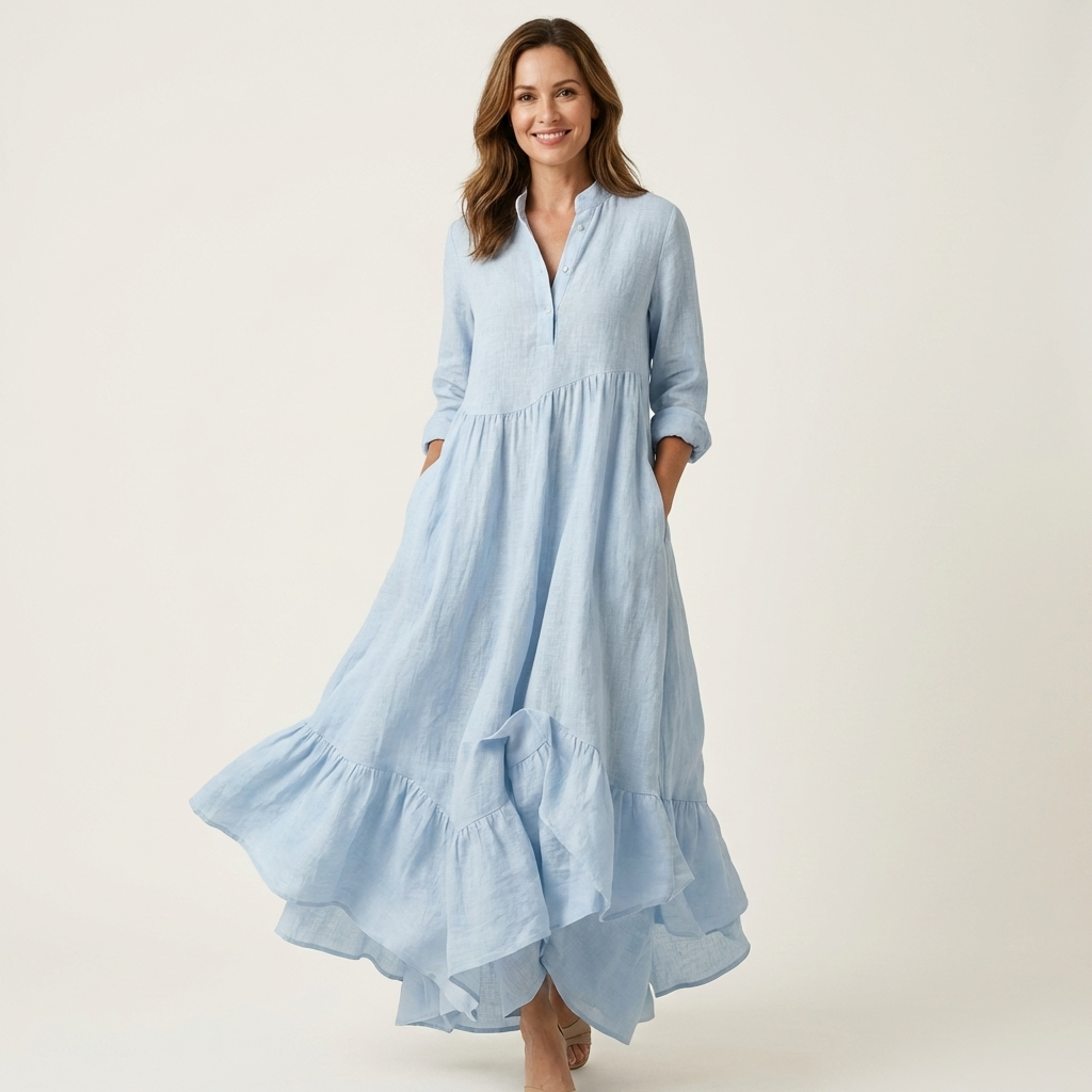 Jilana | Vestido largo con cuello alto, botones frontales y bajo de volantes