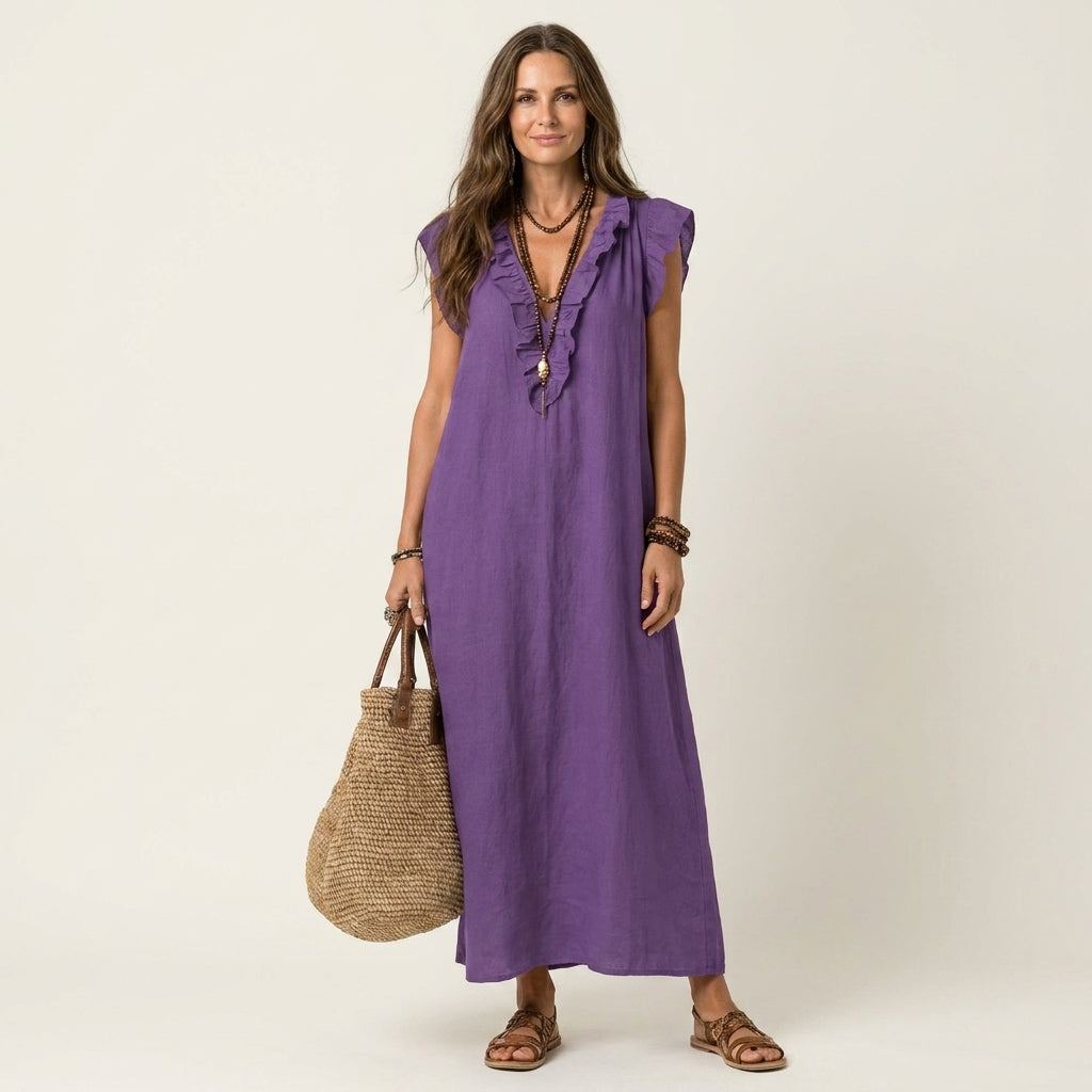 Josette | Vestido largo de algodón y lino con escote en V de volantes
