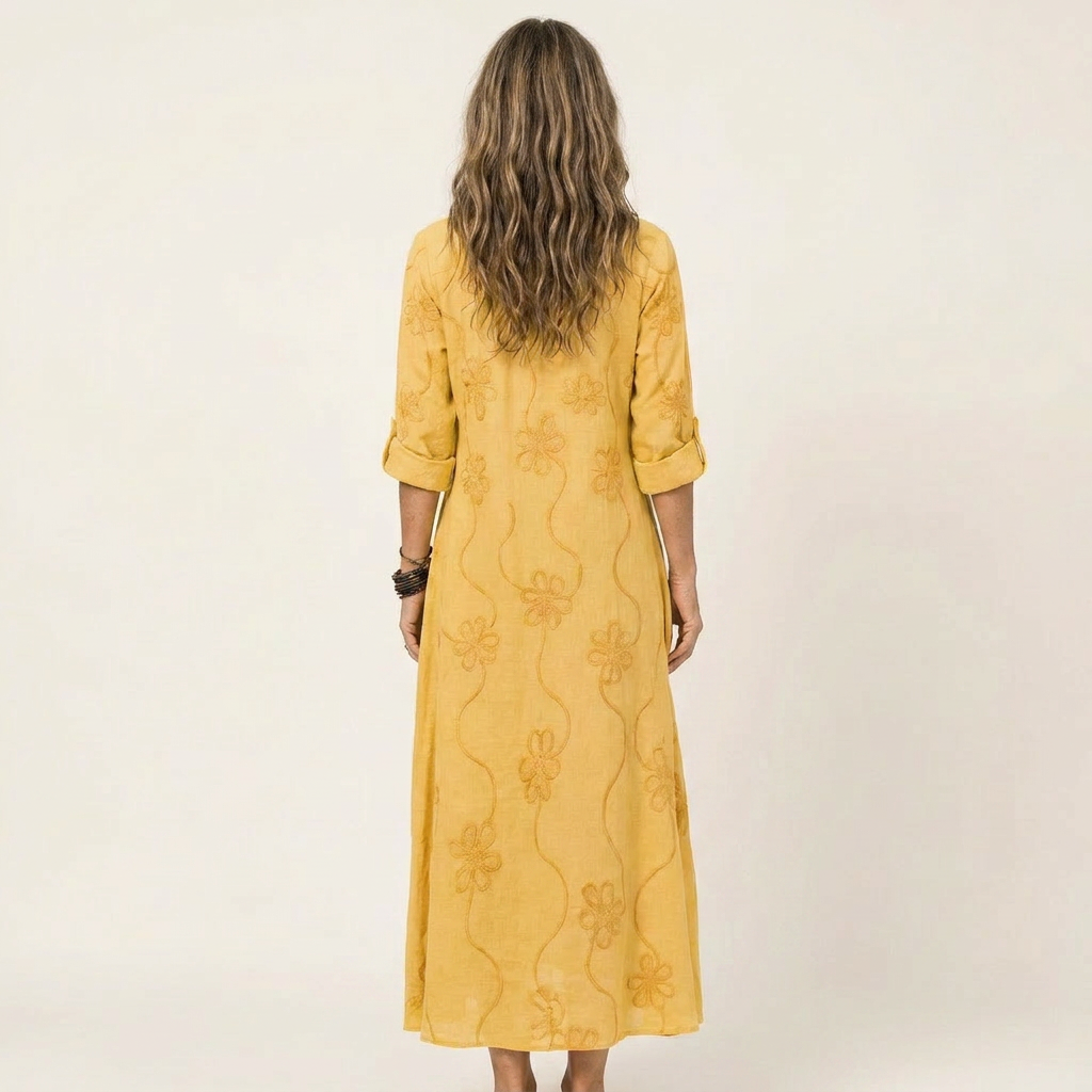 Mariam | Vestido largo de algodón y lino con bordado floral a tono