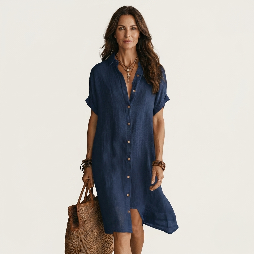 Nidalie | Vestido camisero midi de algodón y lino con puños vueltos