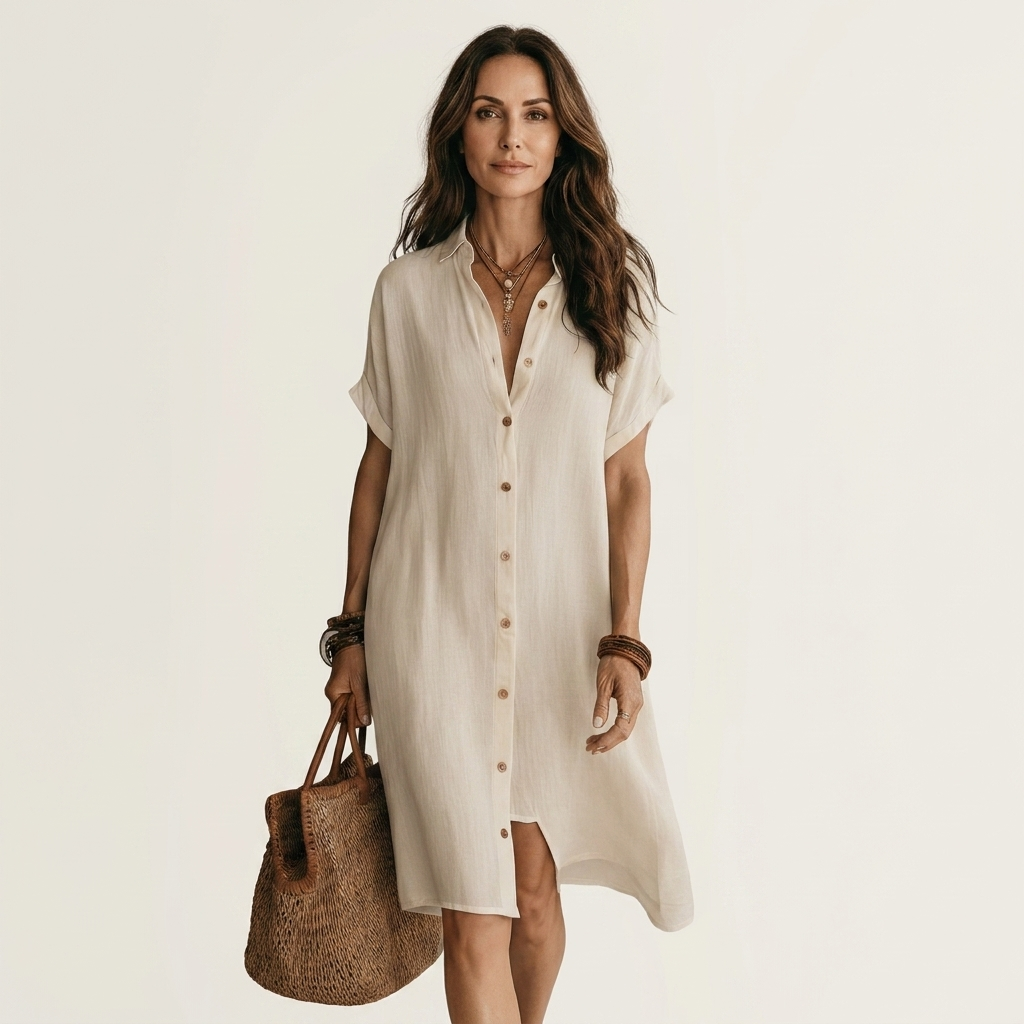 Nidalie | Vestido camisero midi de algodón y lino con puños vueltos