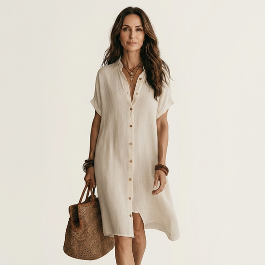 Nidalie | Vestido camisero midi de algodón y lino con puños vueltos