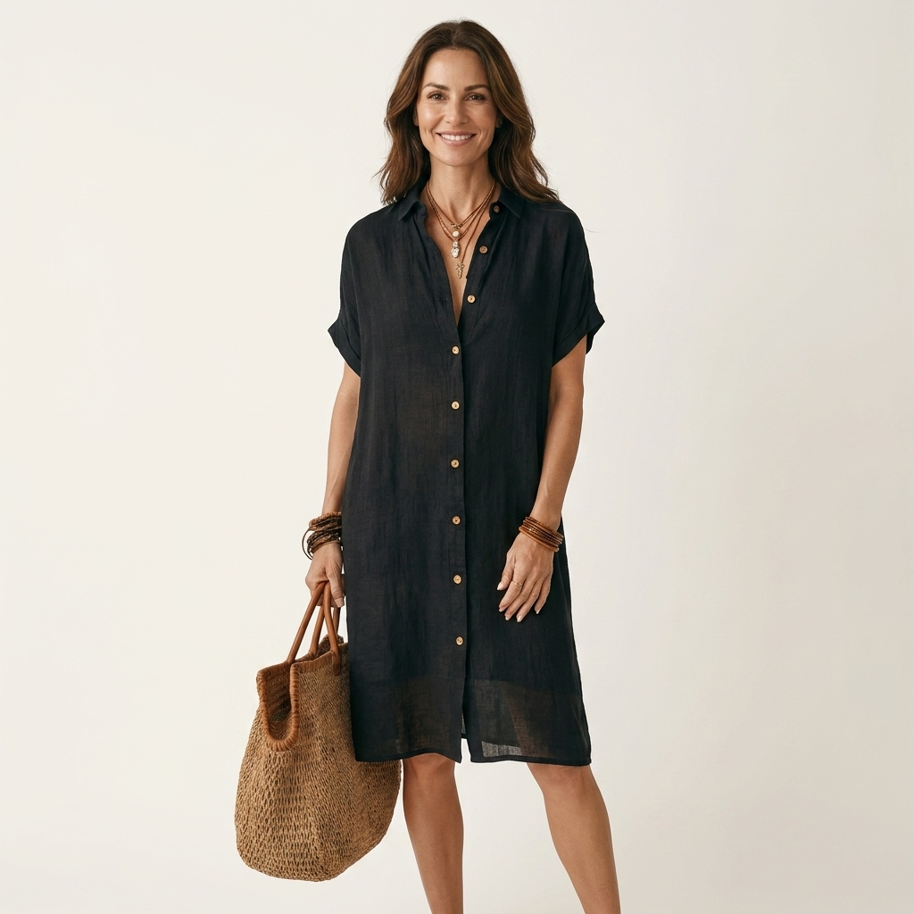 Nidalie | Vestido camisero midi de algodón y lino con puños vueltos