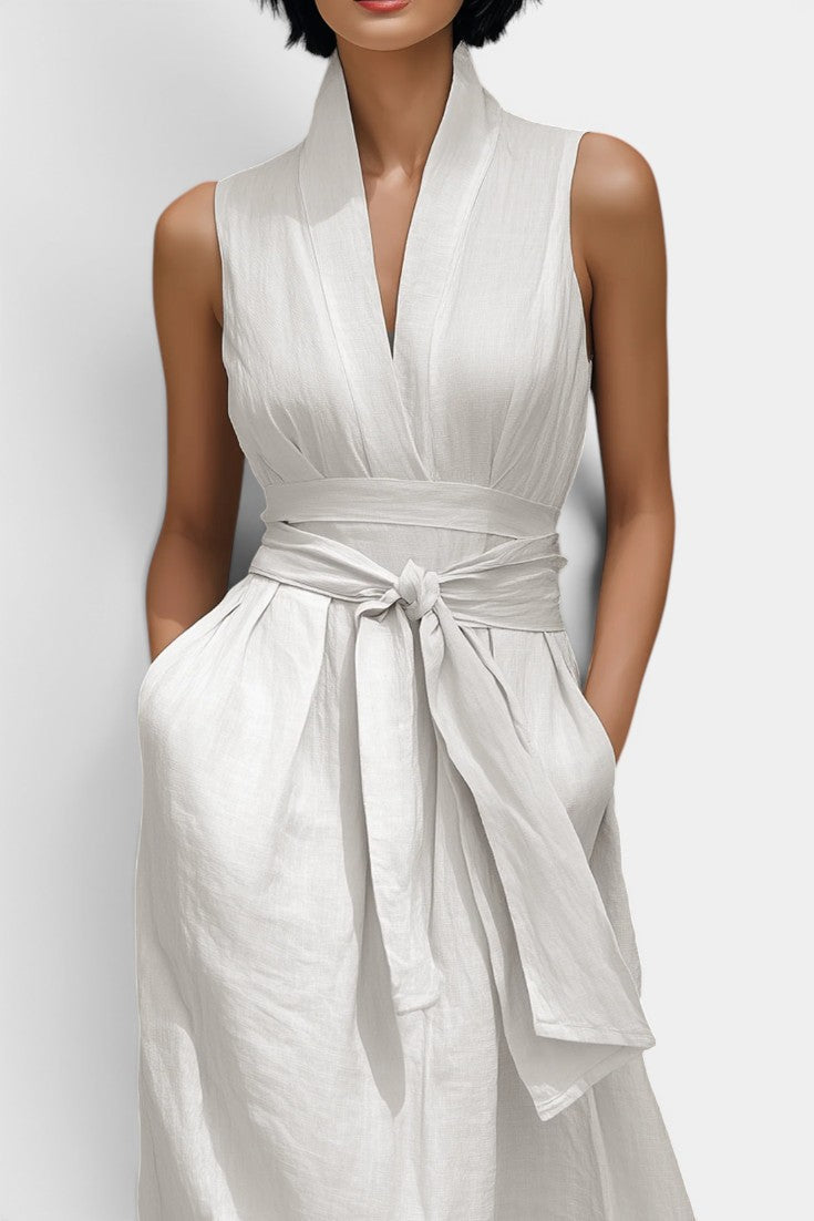 Gaëlle - Vestido Largo Cuello Alto con Cinturón Anudado