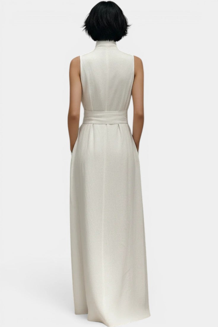 Gaëlle - Vestido Largo Cuello Alto con Cinturón Anudado