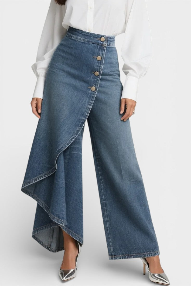 Jean Minnie Ancho de Denim Estampado con Cintura Alta Asimétrico