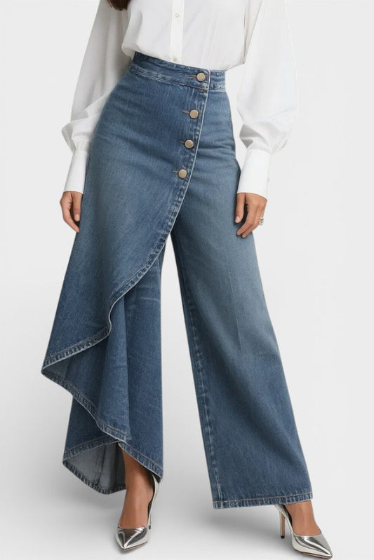 Jean Minnie Ancho de Denim Estampado con Cintura Alta Asimétrico
