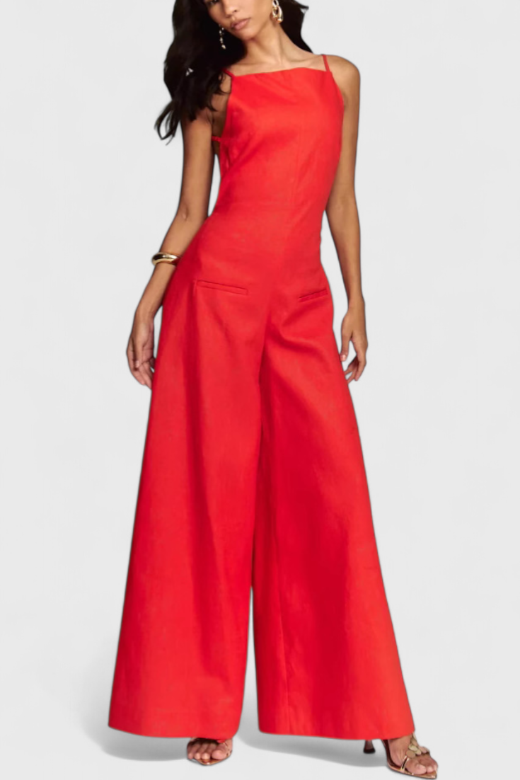 Belén Mono Halter de Ramio con Pernera Ancha y Escote Recto