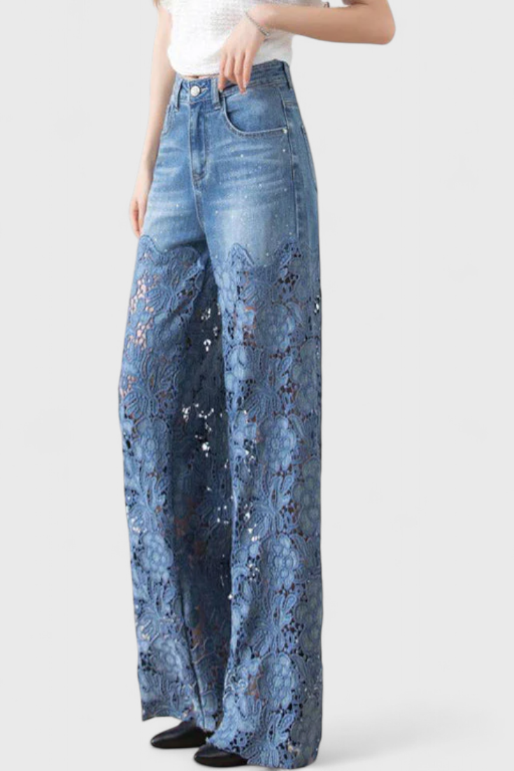 Jasiel - Pantalón Palazzo de Denim con Encaje Calado
