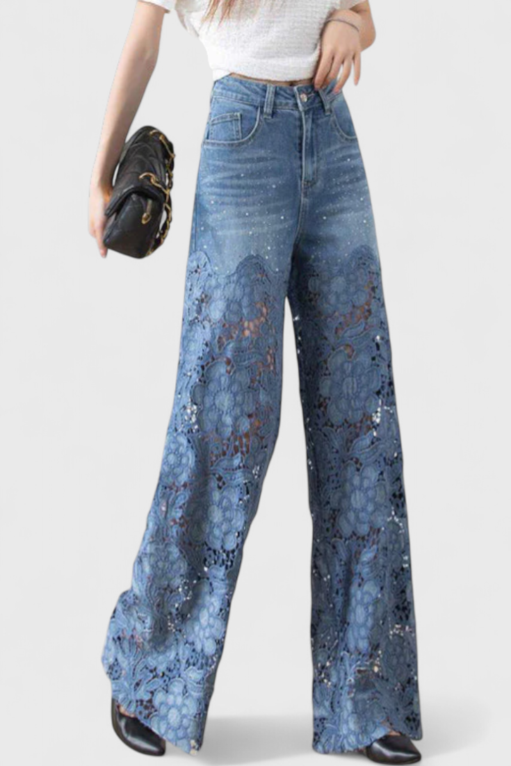 Jasiel - Pantalón Palazzo de Denim con Encaje Calado