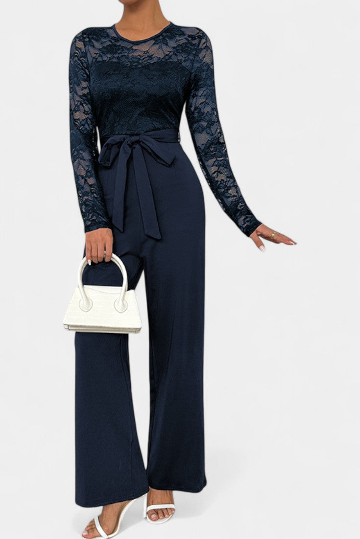 Éviana Mono Elegante de Encaje con Cintura Anudada