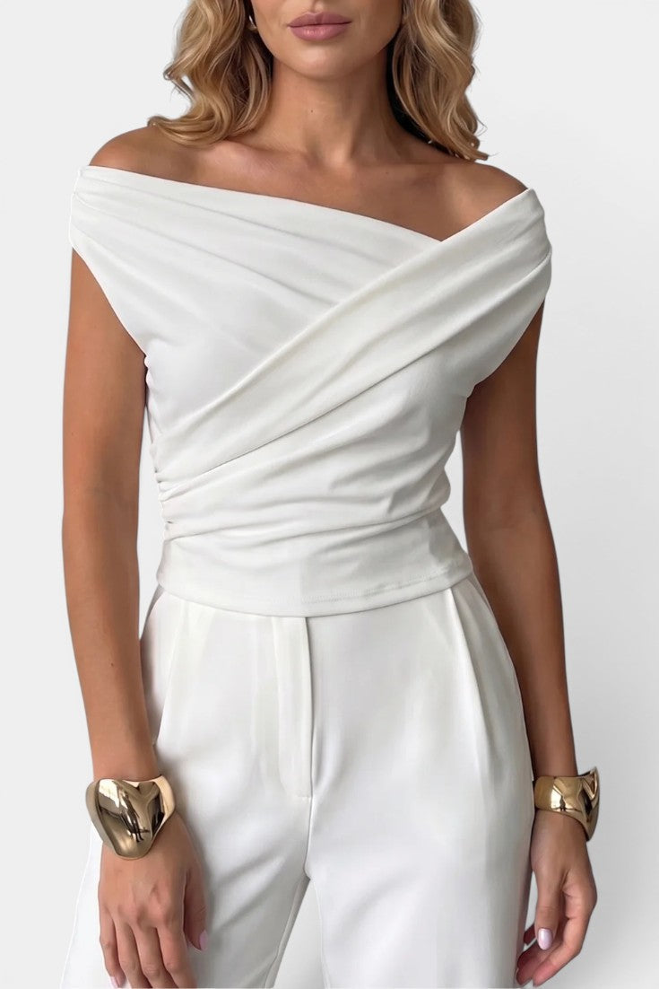 Retha - Blusa elegante sin mangas con cuello asimétrico cruzado