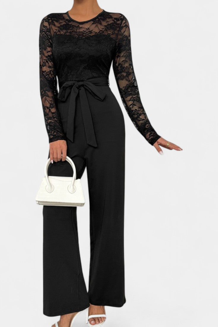 Éviana Mono Elegante de Encaje con Cintura Anudada