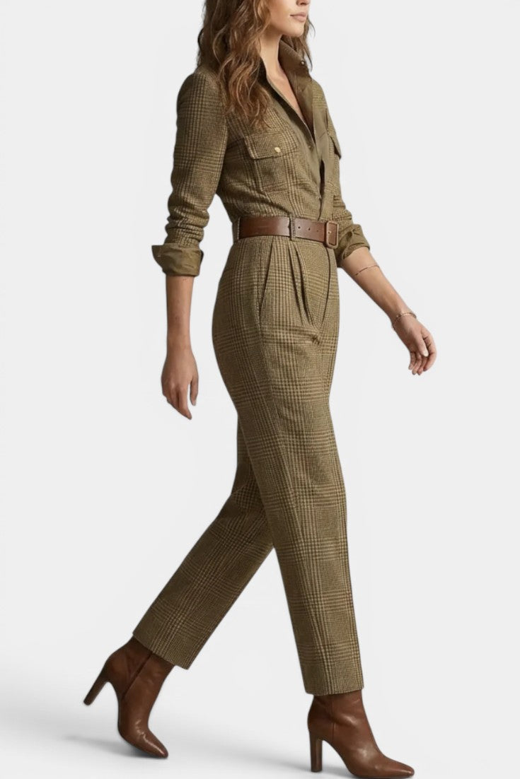 Cali - Mono de Tweed a Cuadros Marrón con Cintura Ceñida