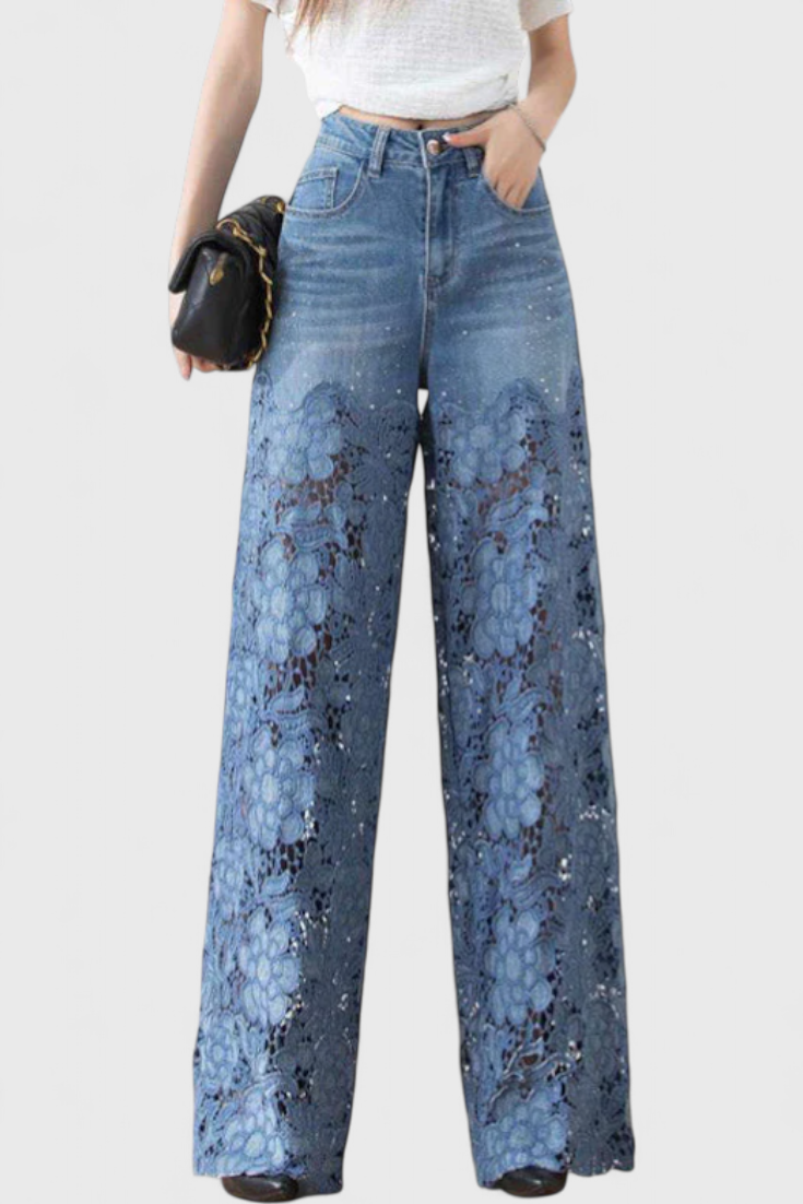 Jasiel - Pantalón Palazzo de Denim con Encaje Calado