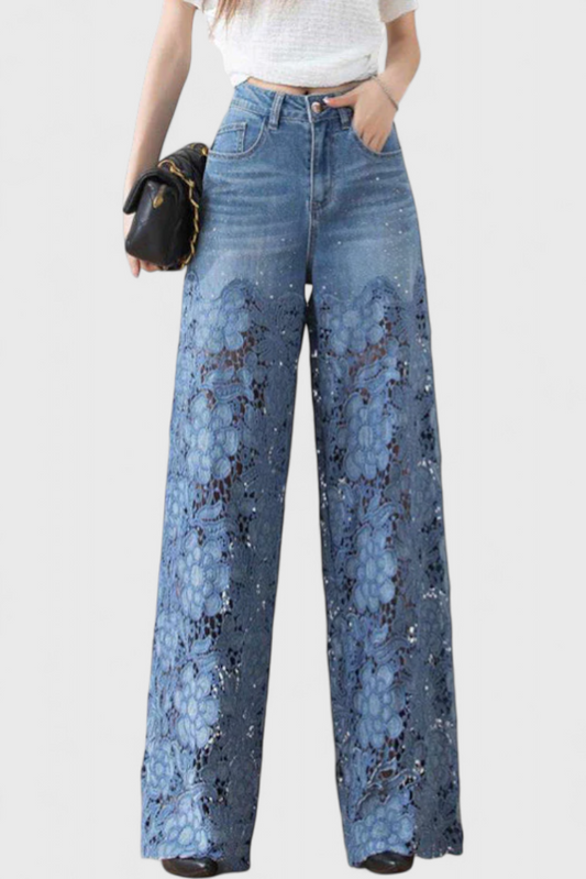 Jasiel - Pantalón Palazzo de Denim con Encaje Calado