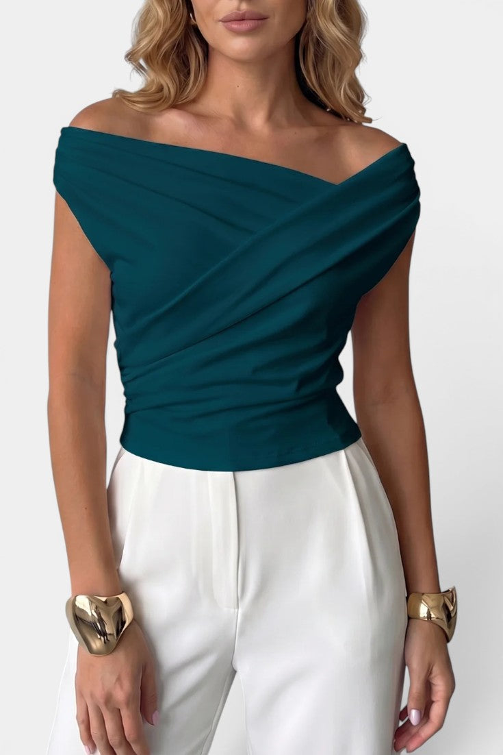 Retha - Blusa elegante sin mangas con cuello asimétrico cruzado