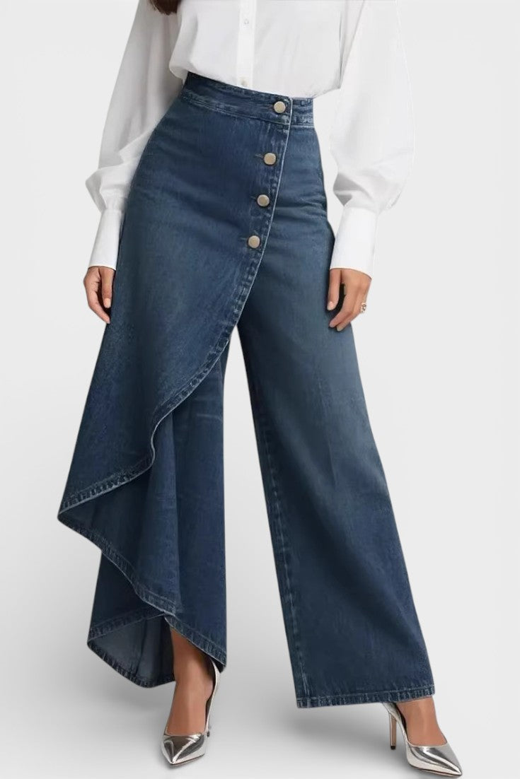 Jean Minnie Ancho de Denim Estampado con Cintura Alta Asimétrico