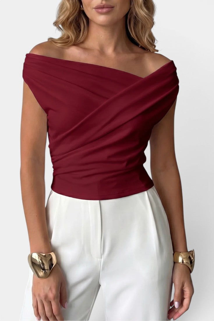 Retha - Blusa elegante sin mangas con cuello asimétrico cruzado