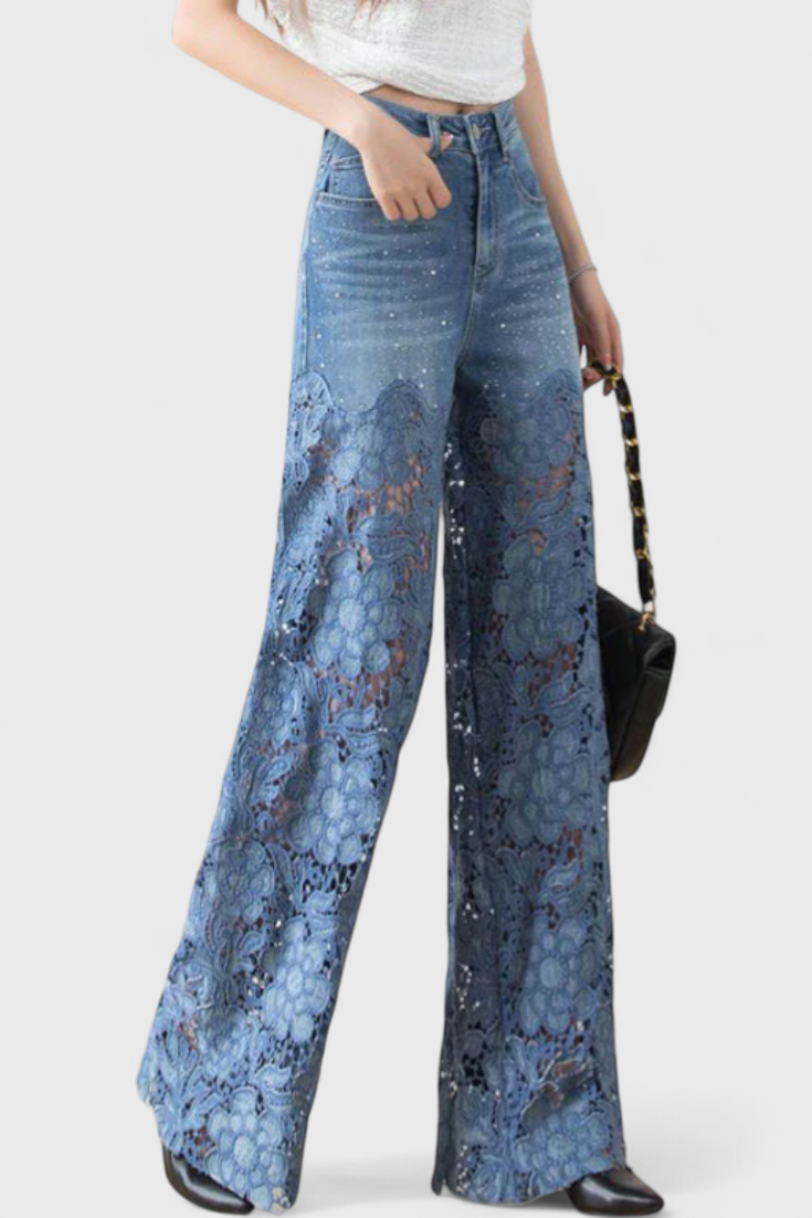 Jasiel - Pantalón Palazzo de Denim con Encaje Calado