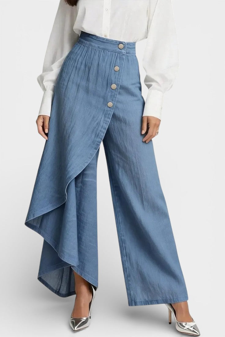 Jean Minnie Ancho de Denim Estampado con Cintura Alta Asimétrico