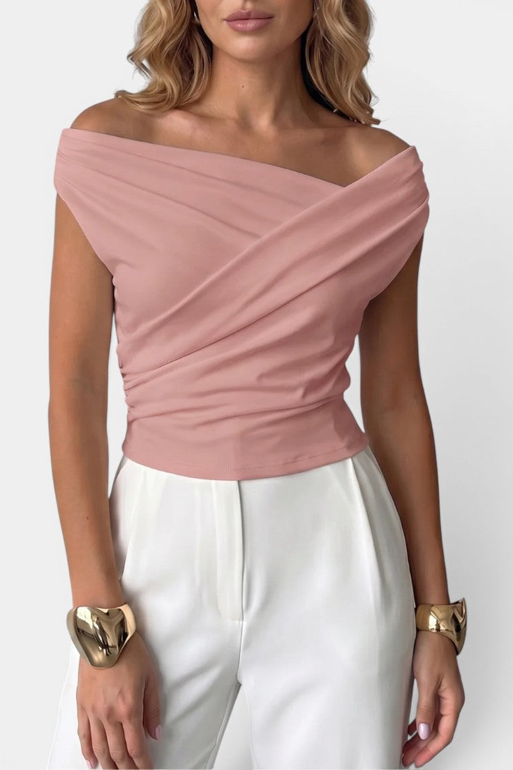 Retha - Blusa elegante sin mangas con cuello asimétrico cruzado