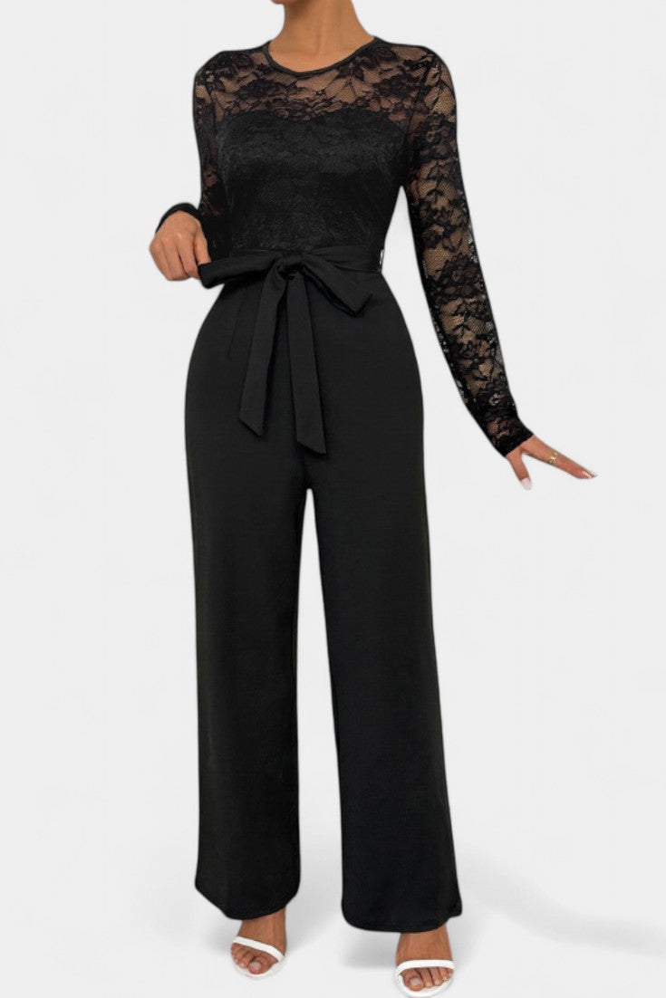 Éviana Mono Elegante de Encaje con Cintura Anudada