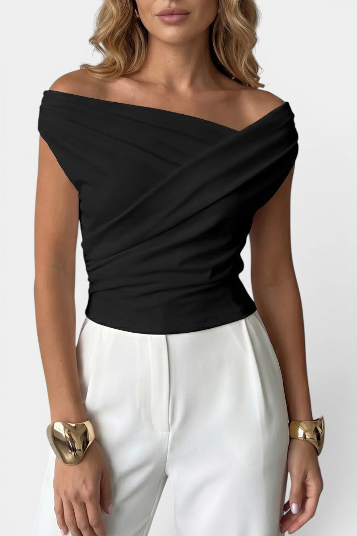 Retha - Blusa elegante sin mangas con cuello asimétrico cruzado