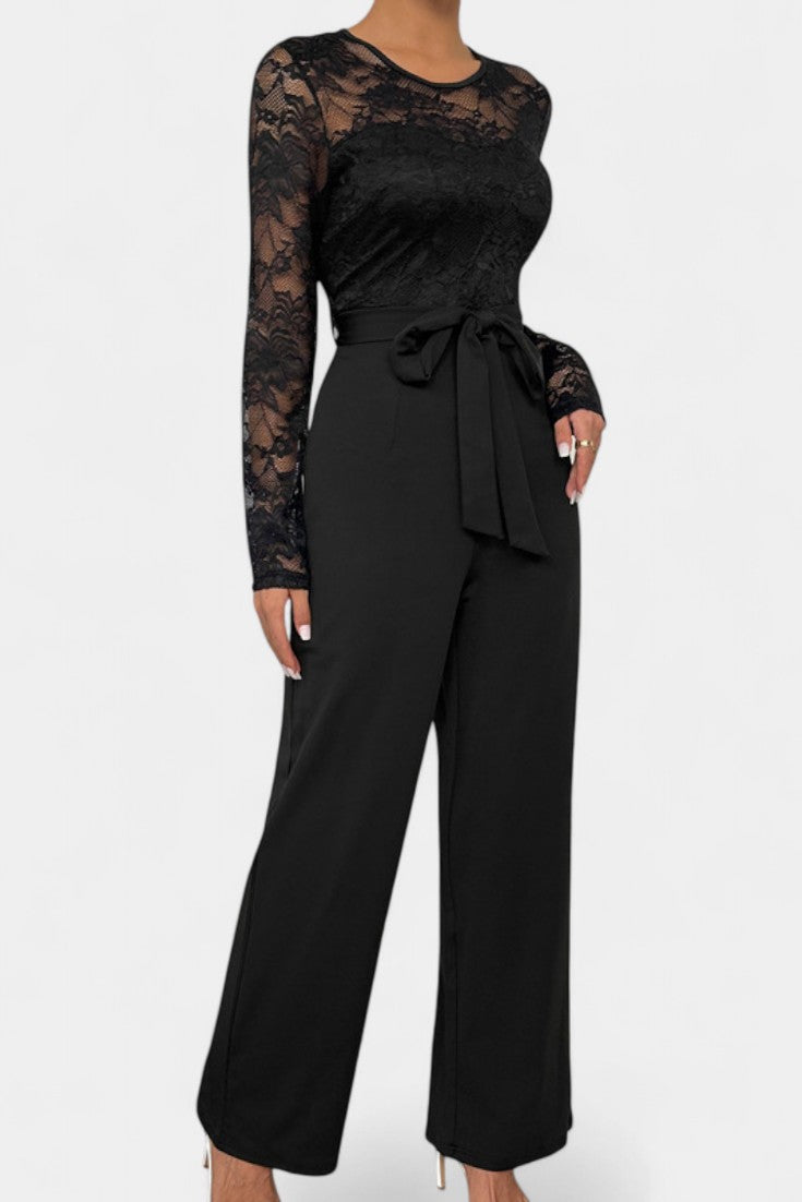 Éviana Mono Elegante de Encaje con Cintura Anudada