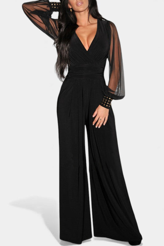 Elancia - Mono Fluido Negro Elegante con Mangas Transparentes