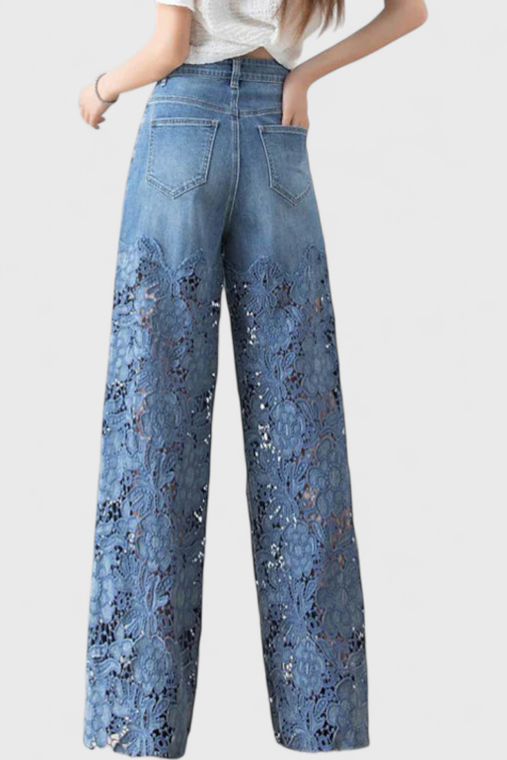 Jasiel - Pantalón Palazzo de Denim con Encaje Calado
