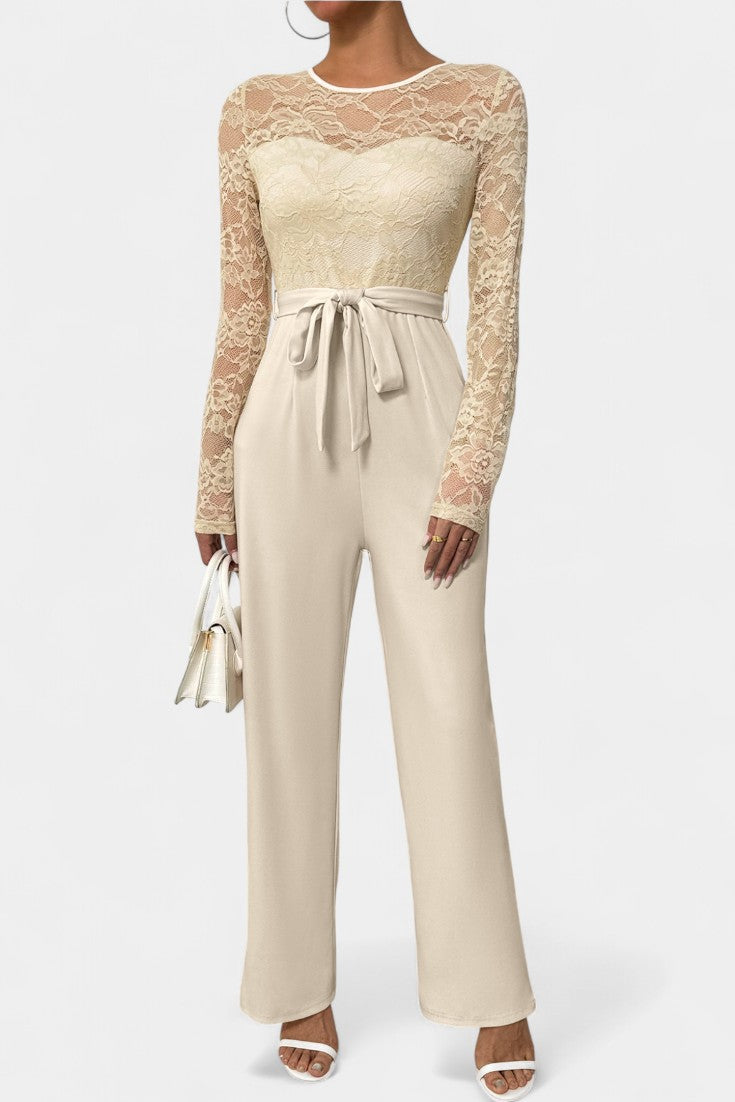 Éviana Mono Elegante de Encaje con Cintura Anudada