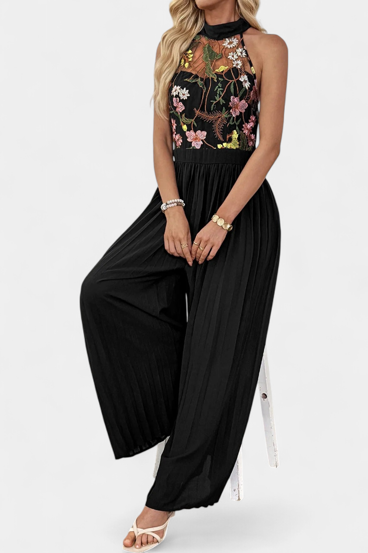 Maruja Mono Halter de Encaje Floral con Pantalón Palazzo Plisado