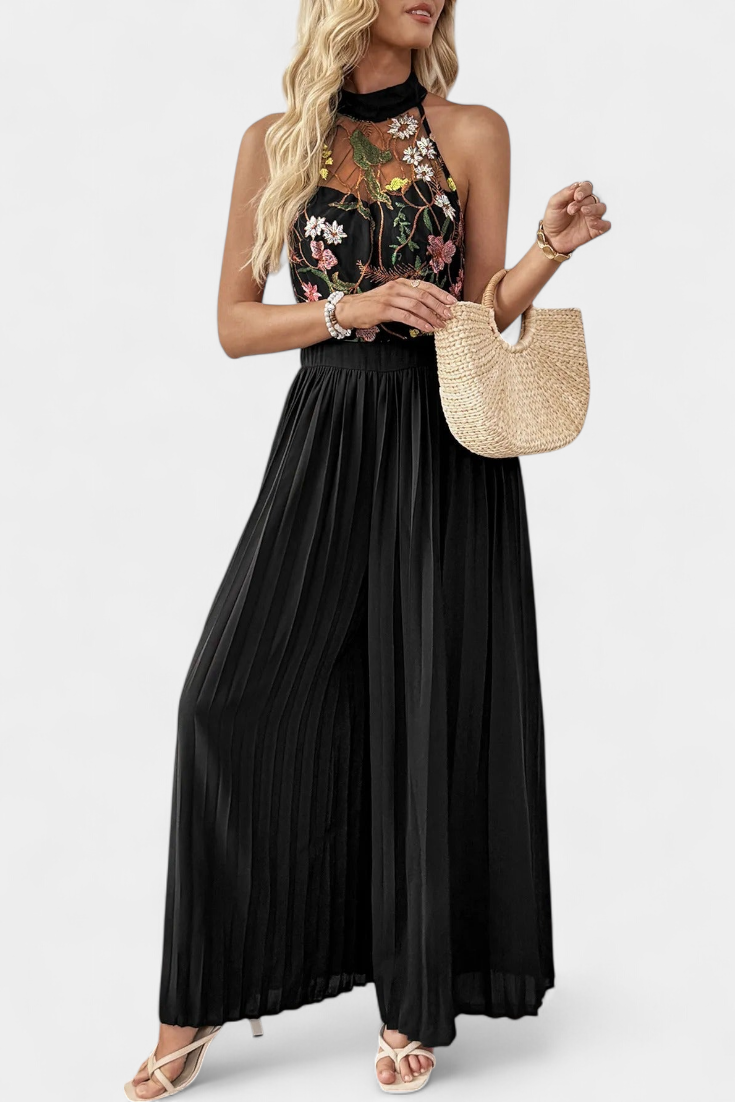 Maruja Mono Halter de Encaje Floral con Pantalón Palazzo Plisado