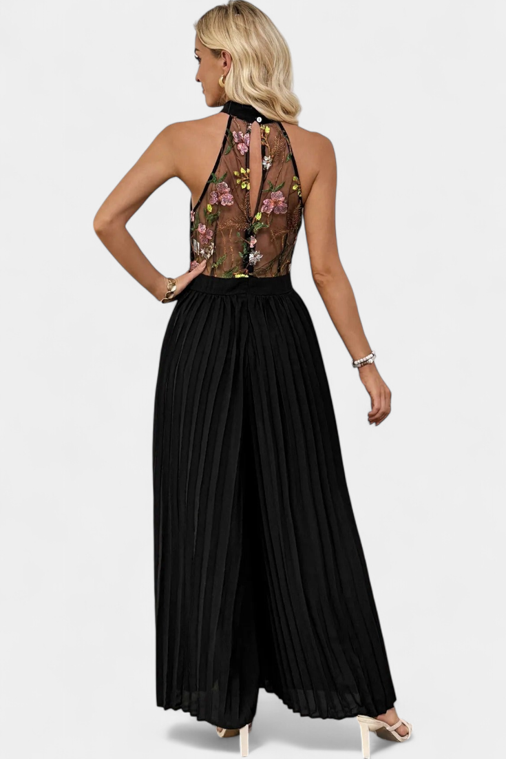 Maruja Mono Halter de Encaje Floral con Pantalón Palazzo Plisado