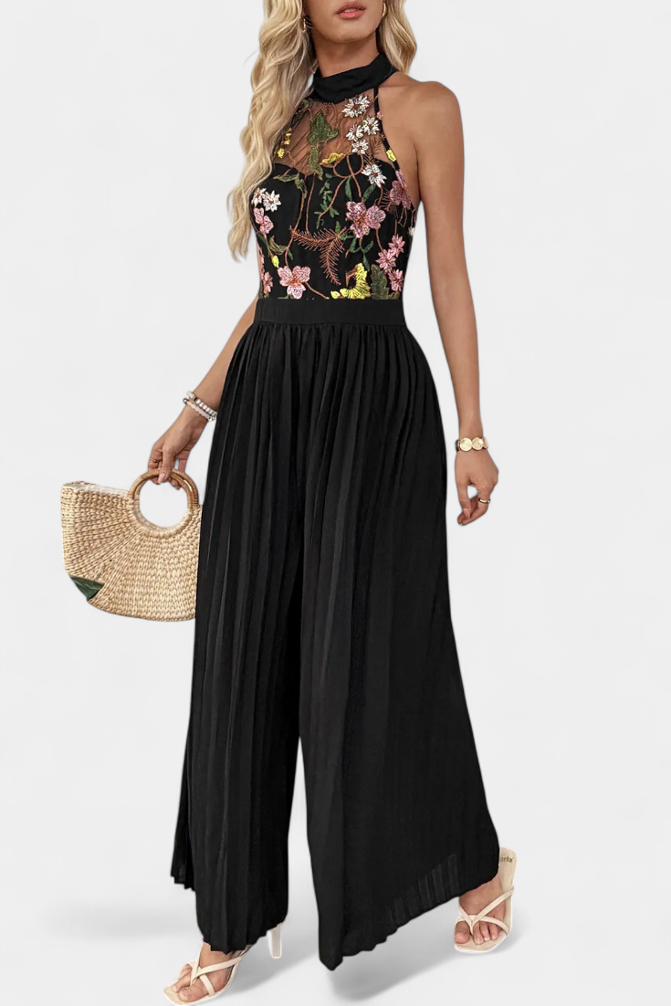 Maruja Mono Halter de Encaje Floral con Pantalón Palazzo Plisado