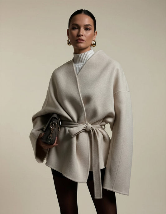 Abrigo Sastre Elegante en Beige con Cinturón de Lazo para Mujer