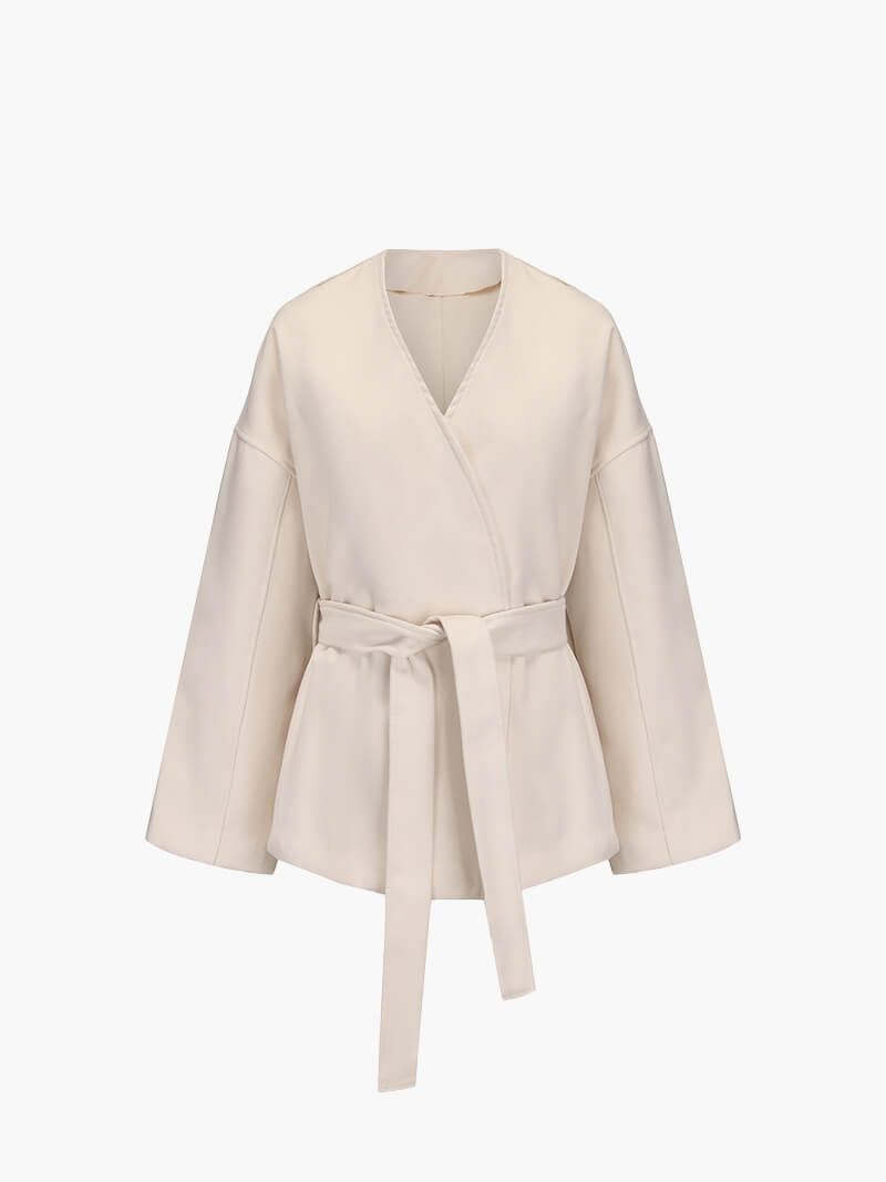 Abrigo Sastre Elegante en Beige con Cinturón de Lazo para Mujer